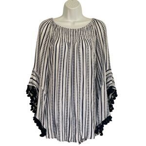 Studio West Women's XL Blue Striped Bohemian Tunic Blouse Tassel Sleeves
